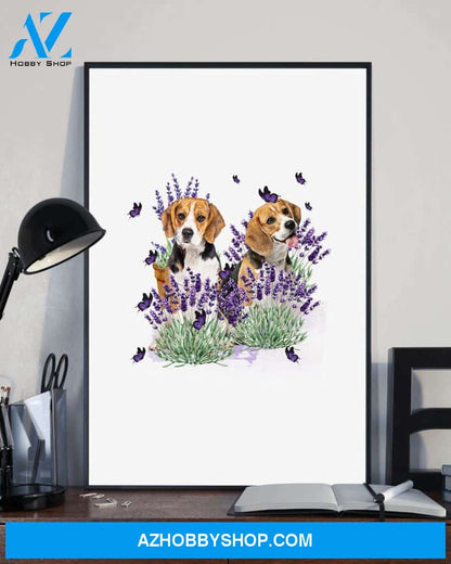 Beagle with lavender flower poster