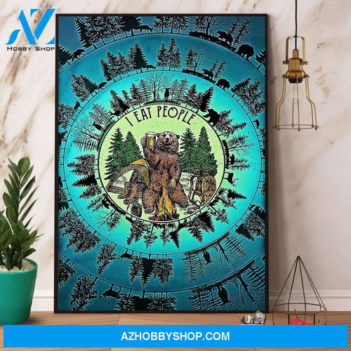 Bear Camping Blue Nature Circle I Eat People Canvas And Poster, Wall Decor Visual Art