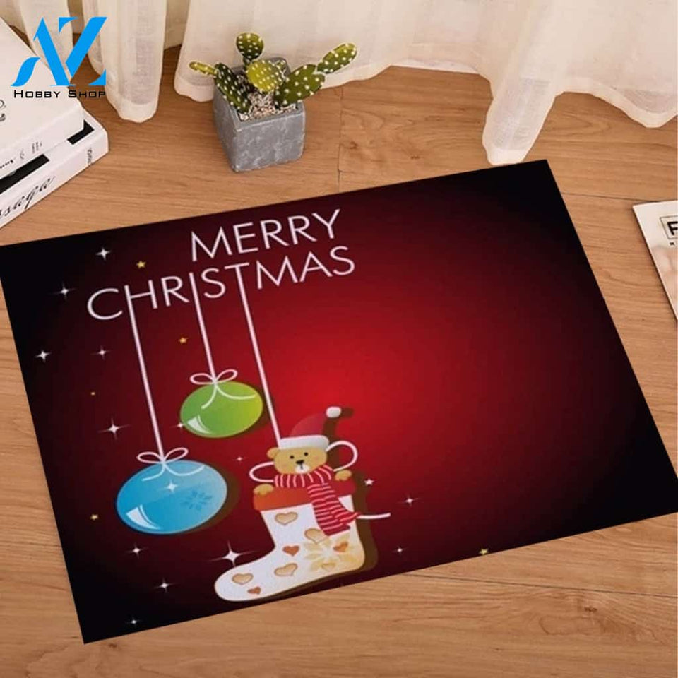 Bear In Sock With Bauble Christmas Doormat Rug Gift Doormat Welcome Mat Housewarming Home Decor Funny Doormat Gift Idea
