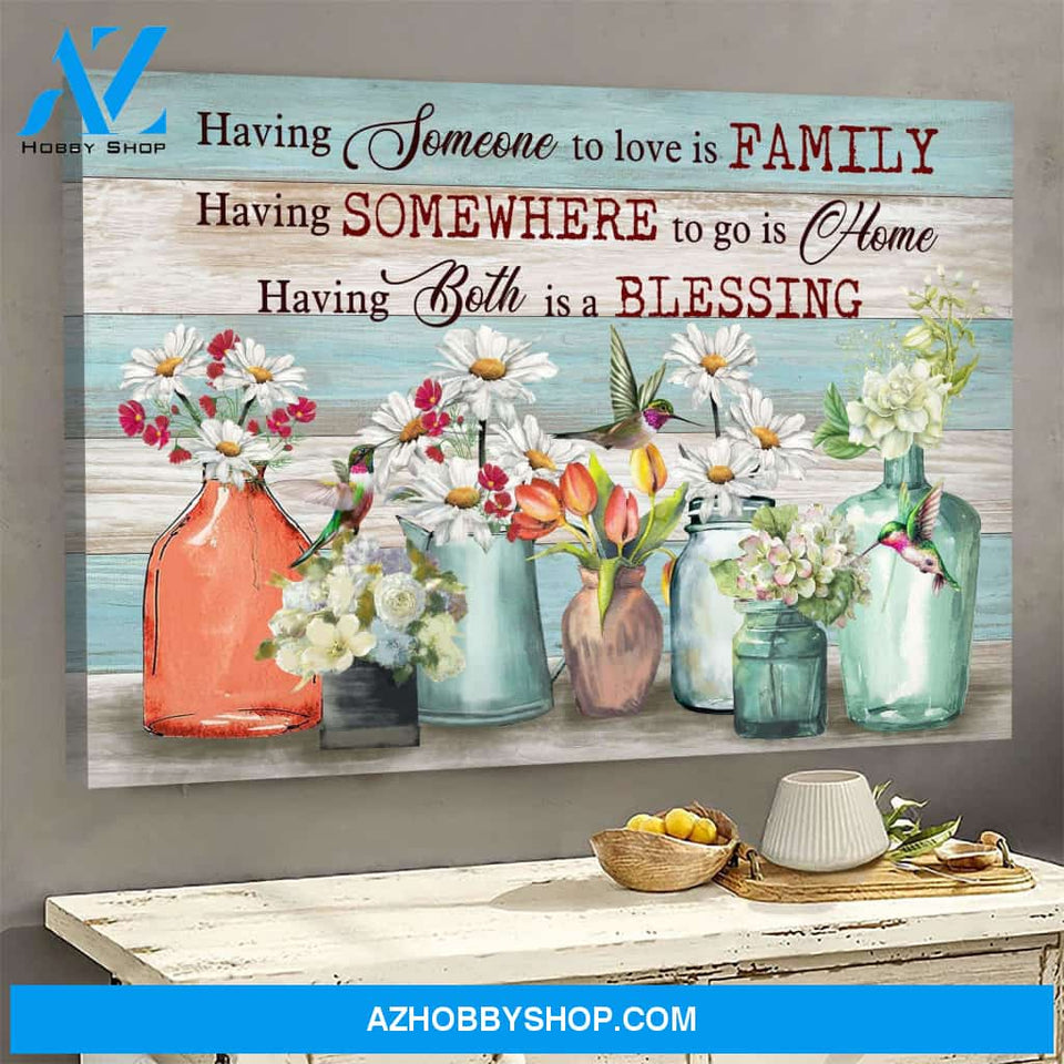 Beautiful flowers and hummingbird - Having both Family and Home is a blessing - Jesus Landscape Canvas Prints, Wall Art