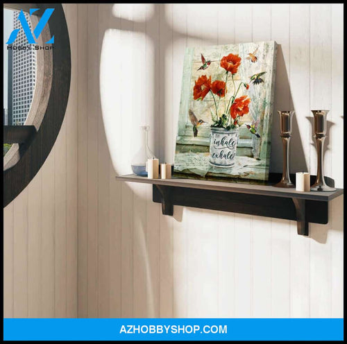 Beautiful Hummingbird and Poppy Flower Canvas Inhale Exhale Wall Art Decor