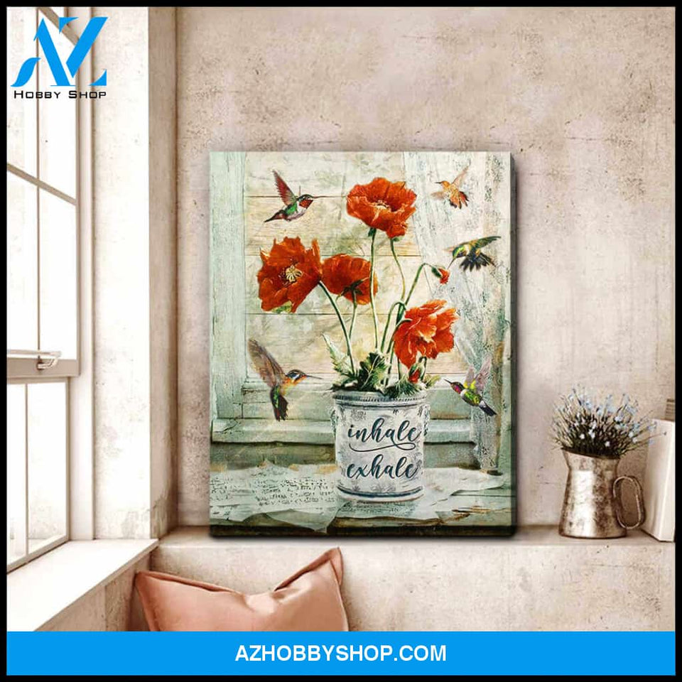 Beautiful Hummingbird and Poppy Flower Canvas Inhale Exhale Wall Art Decor