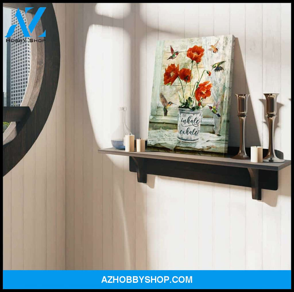Beautiful Hummingbird and Poppy Flower Inhale Exhale Canvas Wall Art, Wall Decor Visual Art