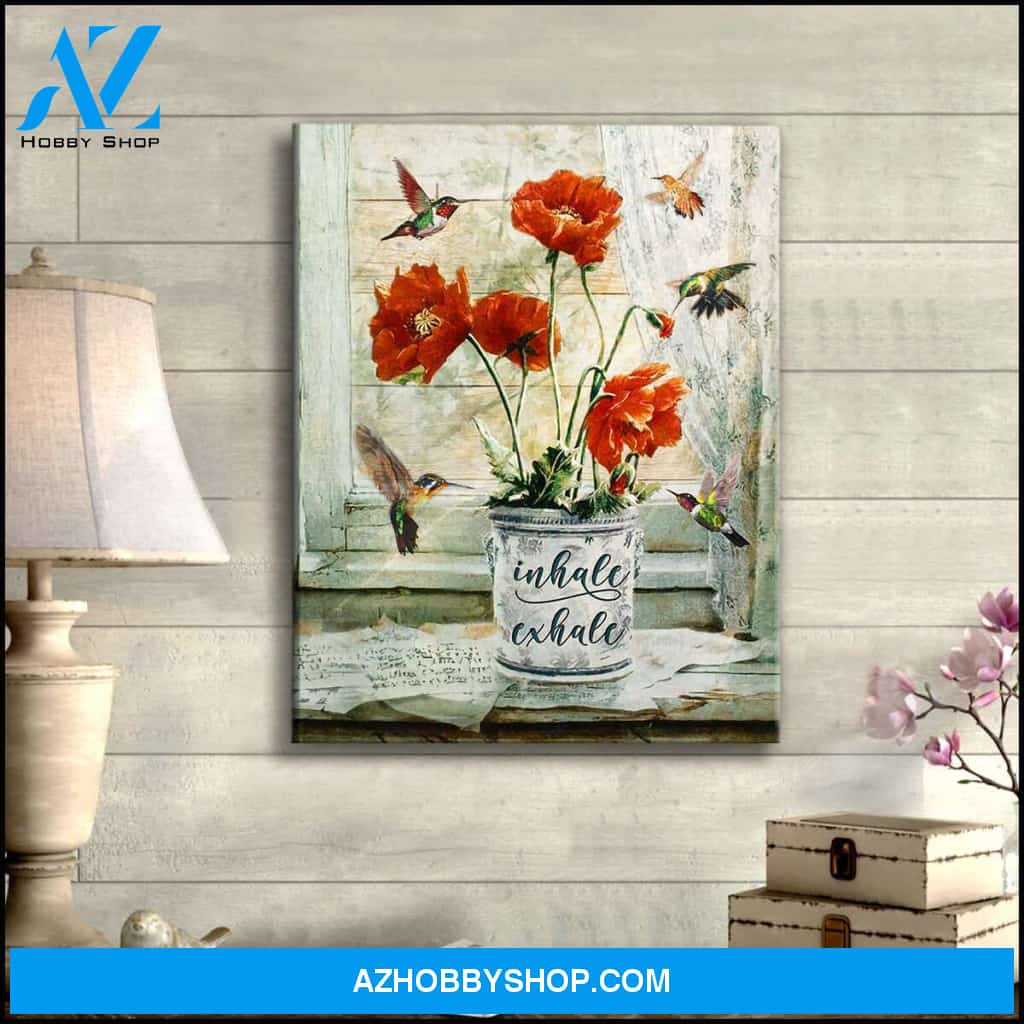 Beautiful Hummingbird and Poppy Flower Inhale Exhale Canvas Wall Art, Wall Decor Visual Art