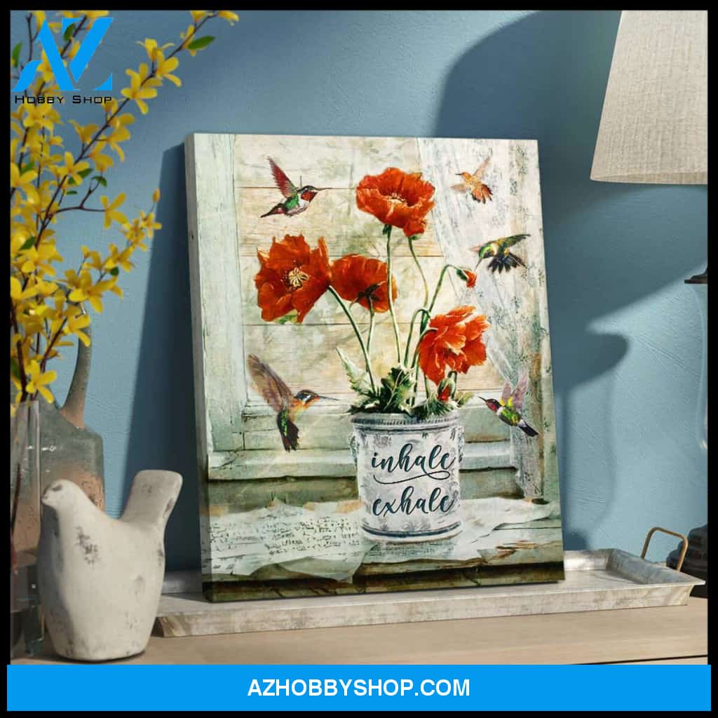 Beautiful Hummingbird and Poppy Flower Inhale Exhale Canvas Wall Art, Wall Decor Visual Art