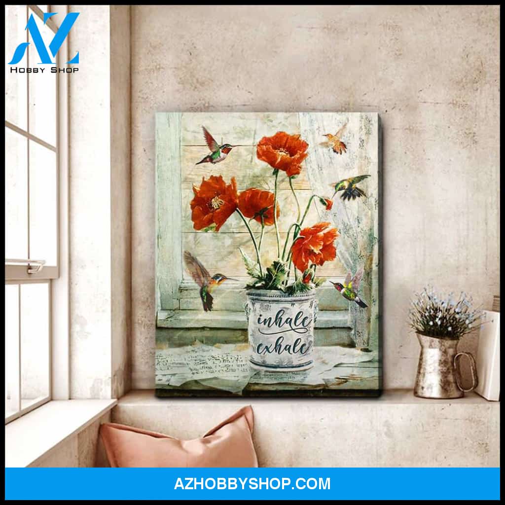 Beautiful Hummingbird and Poppy Flower Inhale Exhale Canvas Wall Art, Wall Decor Visual Art