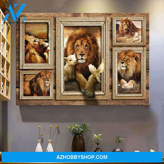 Beautiful lion and lamb in picture frames Landscape Canvas Prints - Wall Art