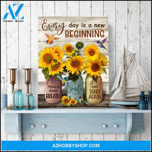 Ohcanvas Beautiful Sunflower Mason Jars and Hummingbirds Every Day Is A New Beginning Farm Farmhouse Wall Art Decor