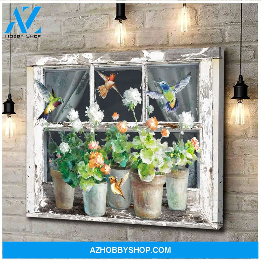 Beautiful Window Box Flowers Hummingbird Wall Art Canvas