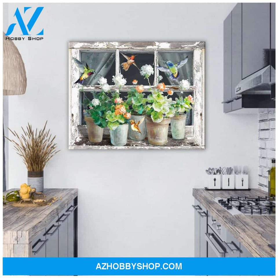 Beautiful Window Box Flowers Hummingbird Wall Art Canvas