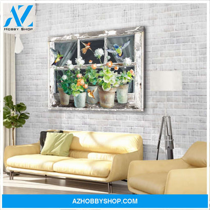 Beautiful Window Box Flowers Hummingbird Wall Art Canvas