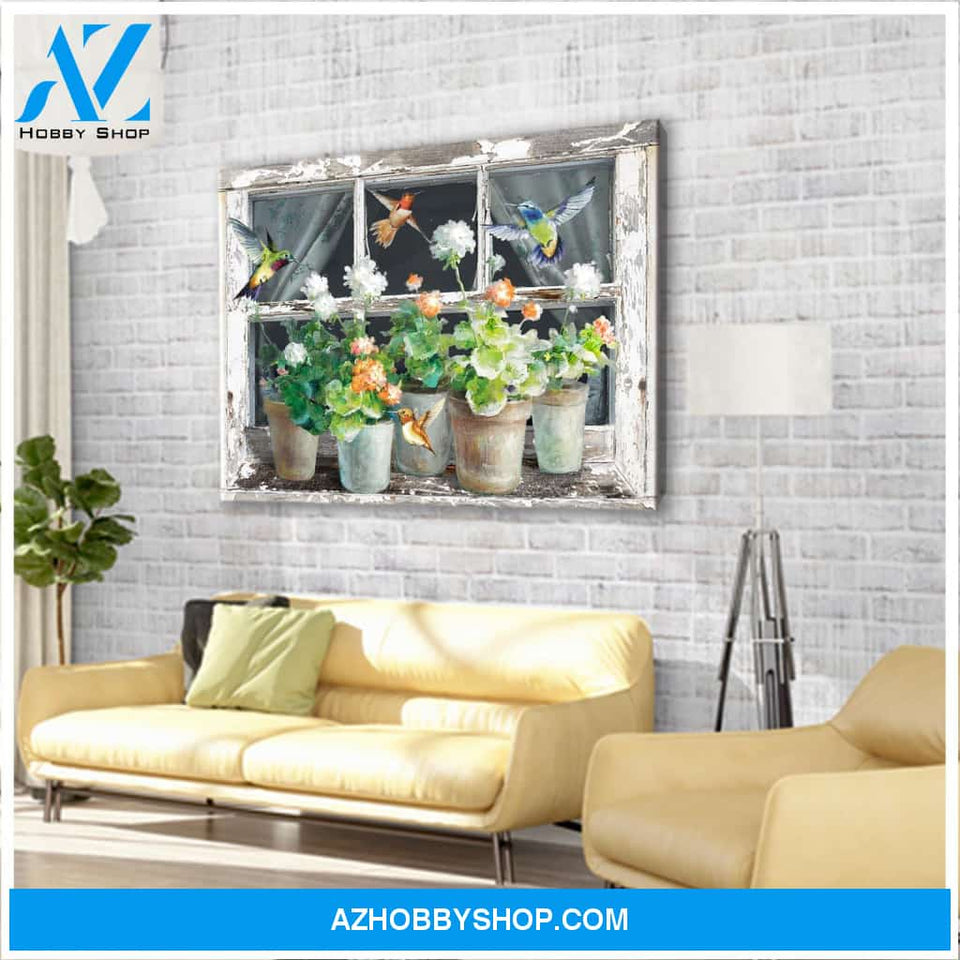 Beautiful Window Box Flowers Hummingbird Wall Art Canvas