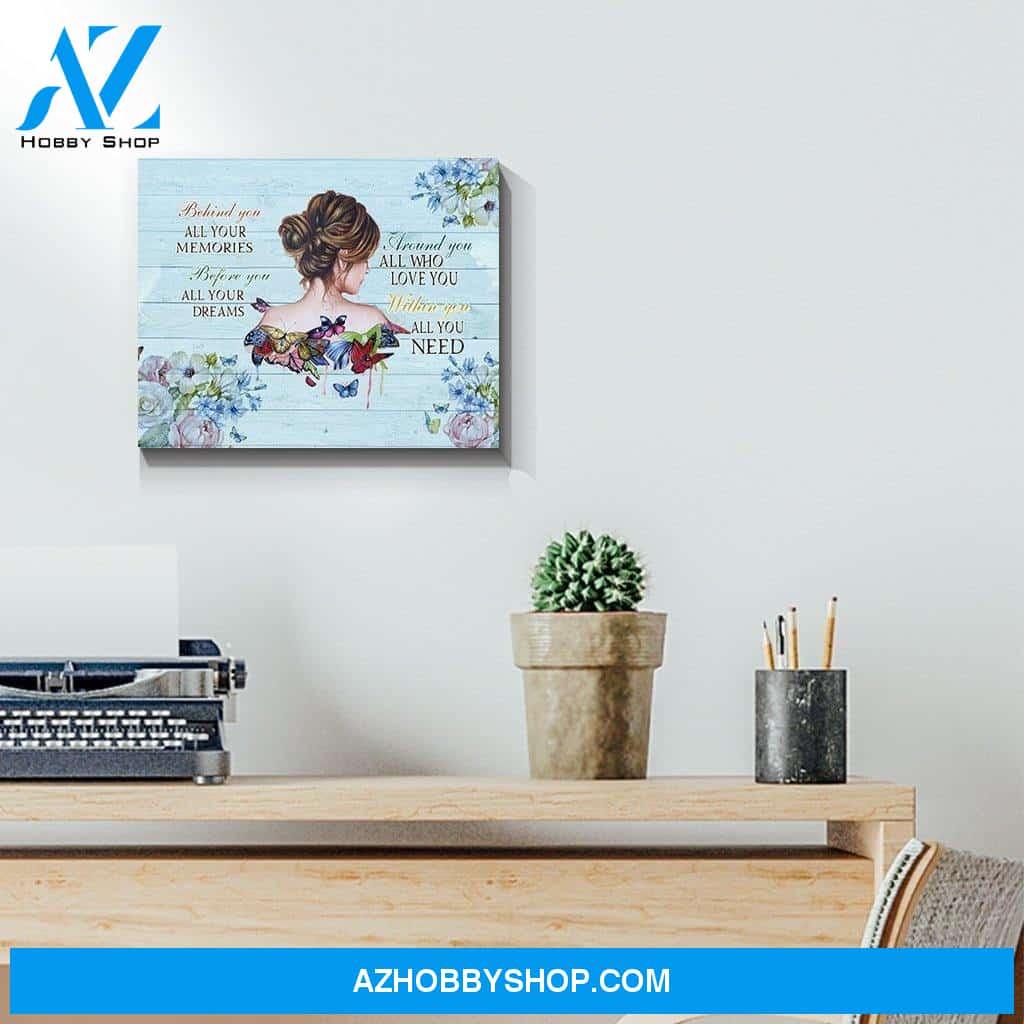 Behind You All Your Memories Woman Flowers Butterflies Canvas Prints Wall Art