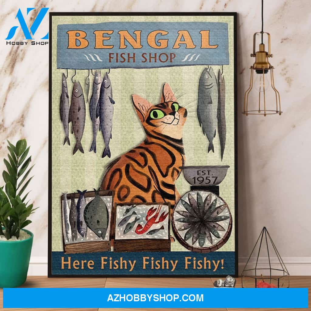Bengal Cat Fish Shop Here Fishy Canvas And Poster, Wall Decor Visual Art