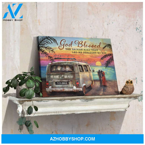 Best Beach Wedding Gift Blessed The Broken Road Camper Van And Couple Sun Gazing Canvas