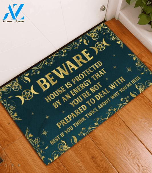 Beware House Is Protected By An Energy Doormat, Halloween Doormat, Gift For Friend Family Halloween Decor Warm House Gift