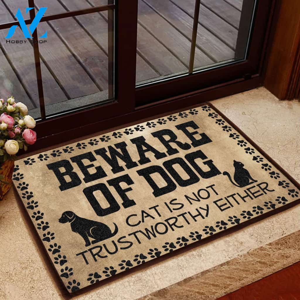 Beware Of Dog Cat Is Not Trustworthy Either Funny Indoor And Outdoor Doormat Warm House Gift Welcome Mat Gift For Dog Cat Pet Lovers