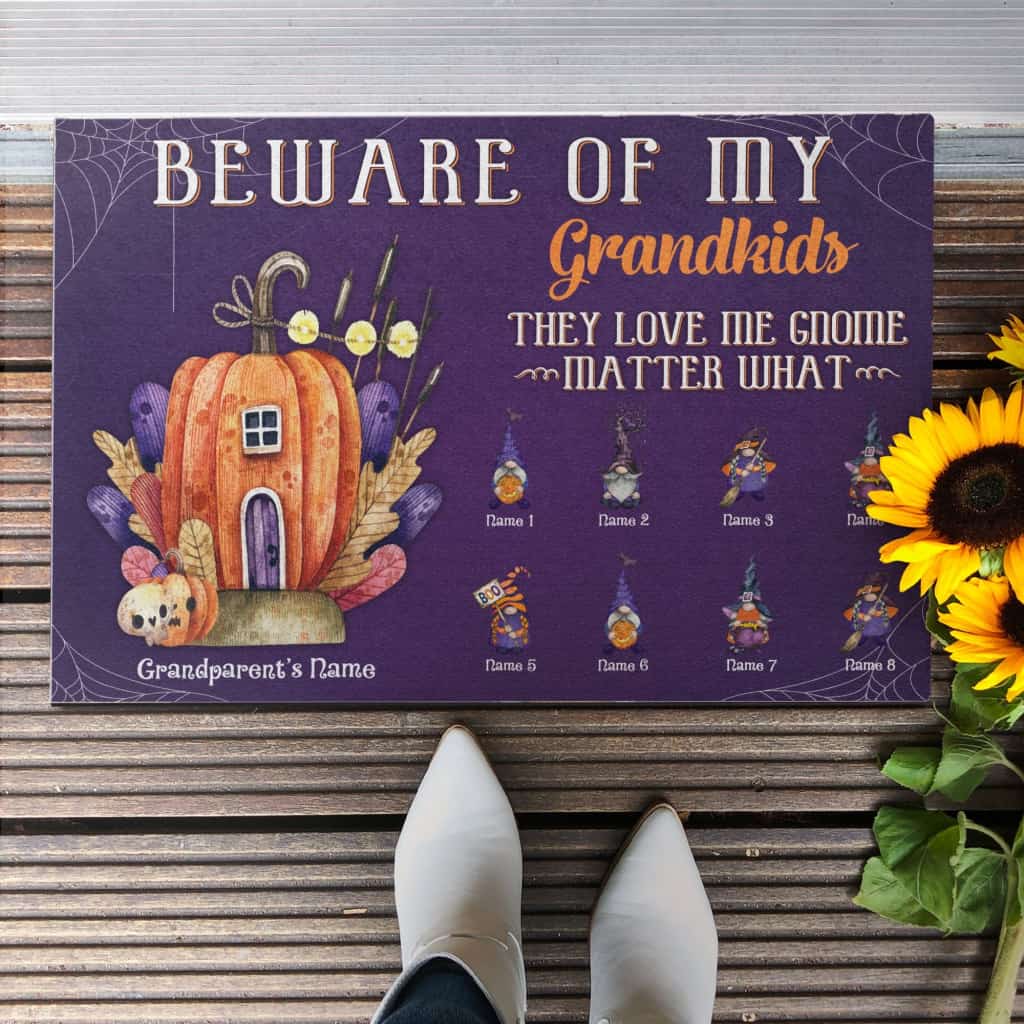 Beware Of My Grandkids - Personalized Doormat - Halloween Gift For Grandpa And Grandma - Gnome