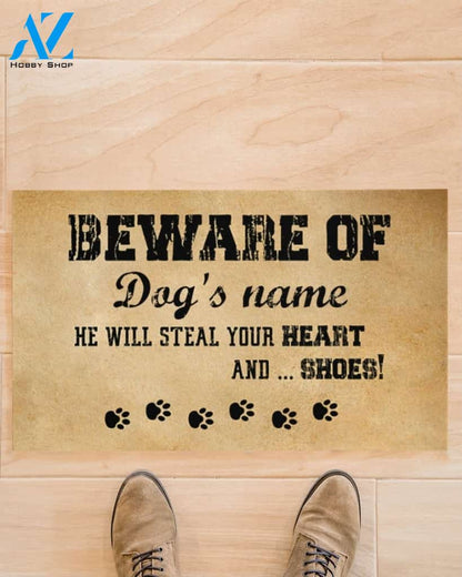 Beware Of The Dog He Will Steal Your Heart And Shoes Personalized Funny Dog Doormat Gift For Dog Lovers Birthday Gift Home Decor Warm House Gift Welcome Mat