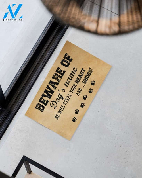 Beware Of The Dog He Will Steal Your Heart And Shoes Personalized Funny Dog Doormat Gift For Dog Lovers Birthday Gift Home Decor Warm House Gift Welcome Mat