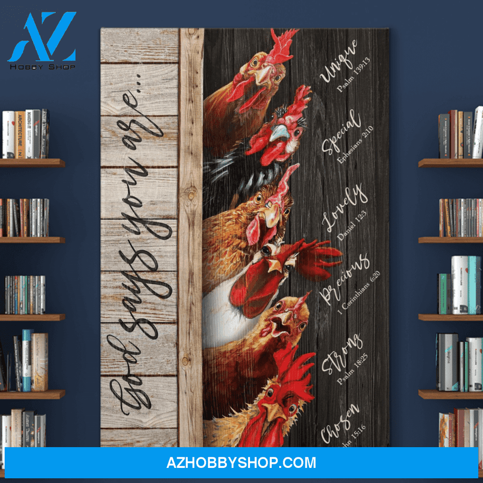 Portrait God Canvas - Bible Verse Wall Art - Chicken - God says you are 3 Canvas