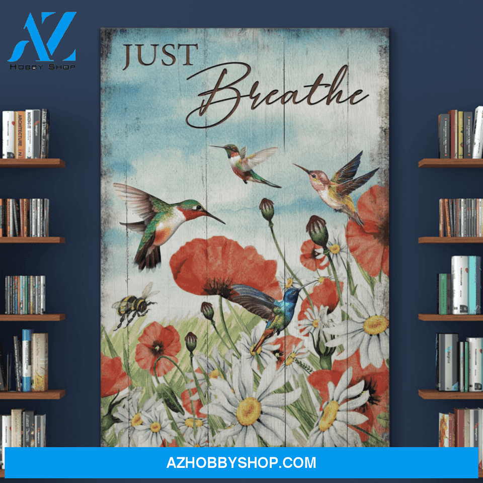 Portrait God Canvas - Bible Verse Wall Art - Hummingbird and flower field - Just breathe Canvas