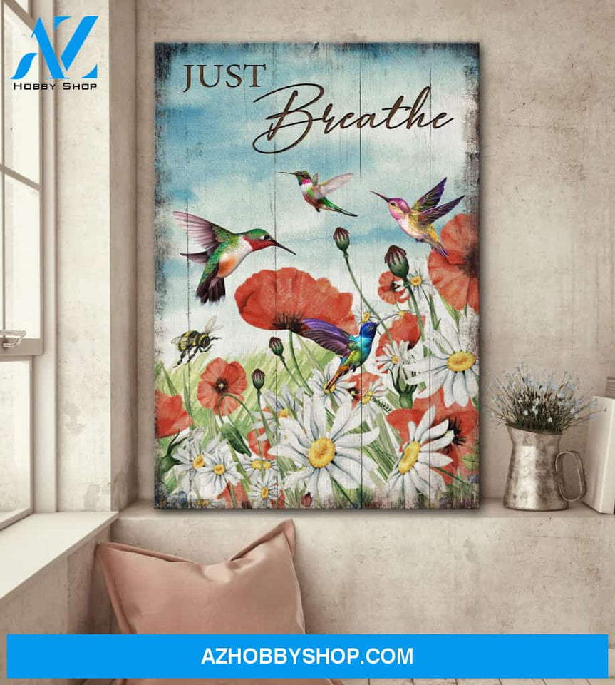 Portrait God Canvas - Bible Verse Wall Art - Hummingbird and flower field - Just breathe Canvas