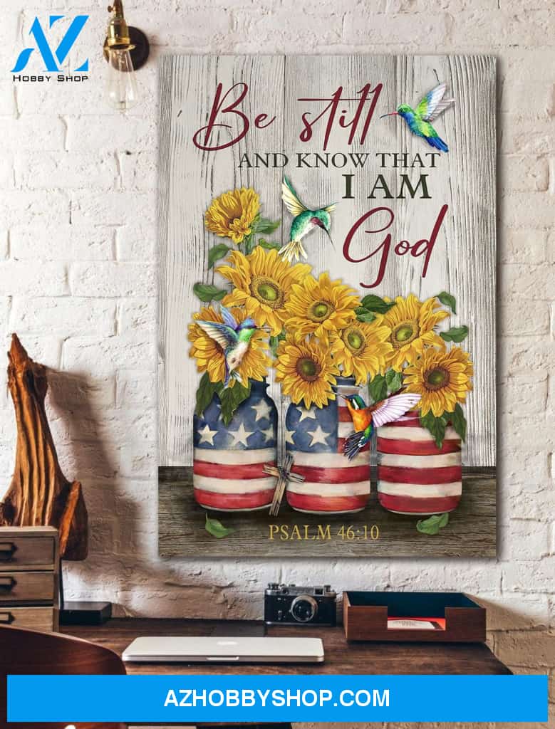 Portrait God Canvas - Bible Verse Wall Art - Hummingbird and sunflower - Be still and know that I am God Canvas