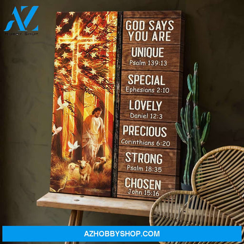 Portrait God Canvas - Bible Verse Wall Art - Jesus and lamb - God says you are Canvas