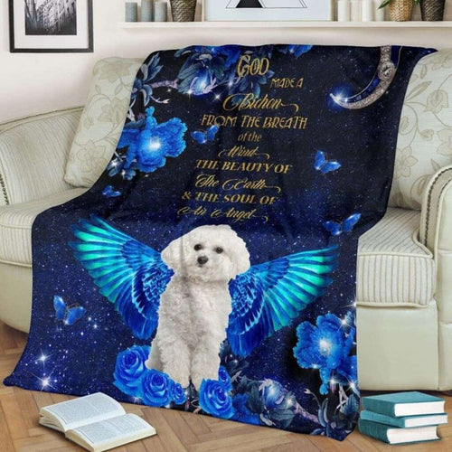 Bichon Frise Angel With Blue Flower Blanket Gift For Dog Lovers Birthday Gift Home Decor Bedding Couch Sofa Soft and Comfy Cozy