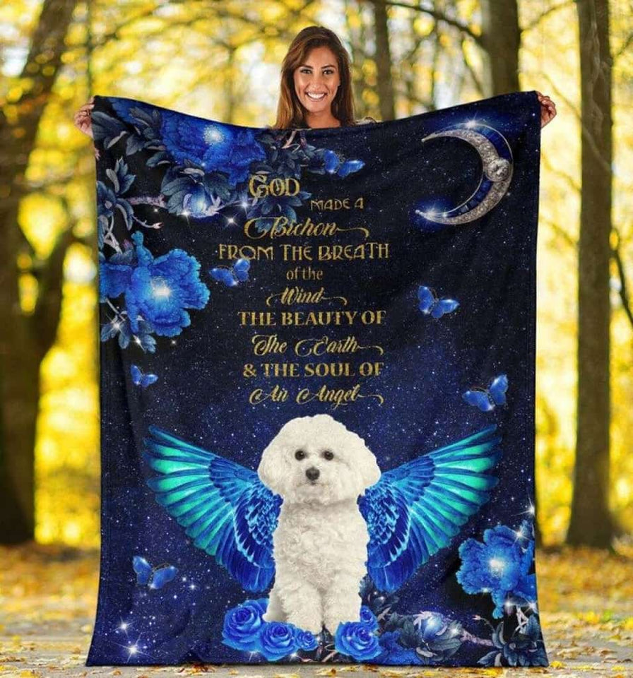 Bichon Frise Angel With Blue Flower Blanket Gift For Dog Lovers Birthday Gift Home Decor Bedding Couch Sofa Soft and Comfy Cozy