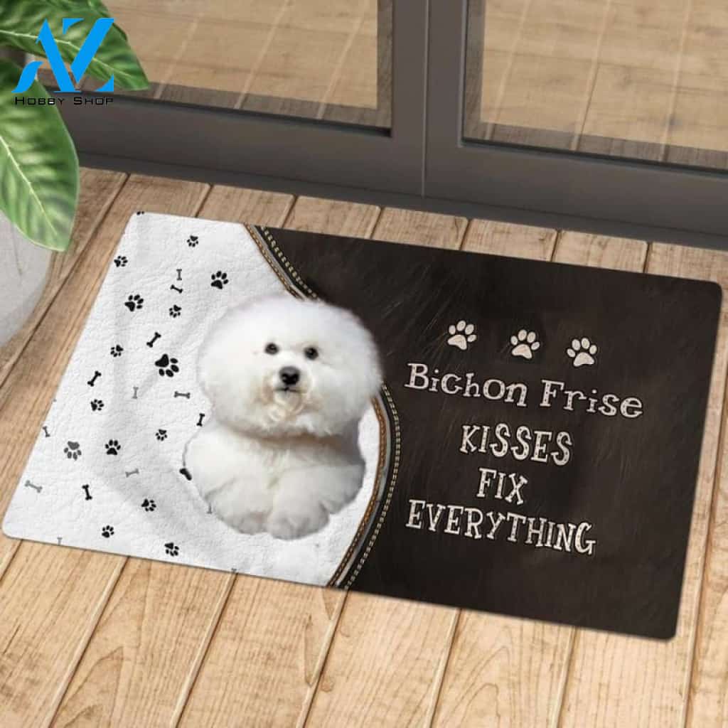 Bichon Frise Doormat, Kisses Fix Everything Doormat, Dog Welcome Mat, Funny Welcome Mats for Dogs Lovers