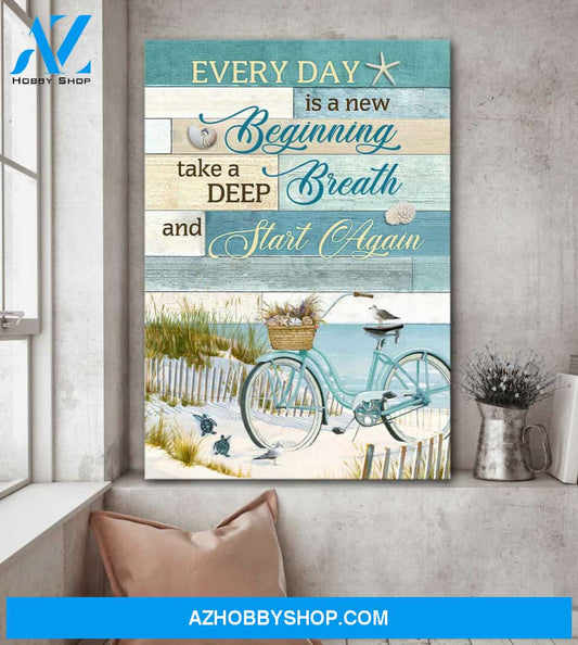 Bicycle with the beach - Every day is a new beginning - Jesus Portrait Canvas Prints, Wall Art