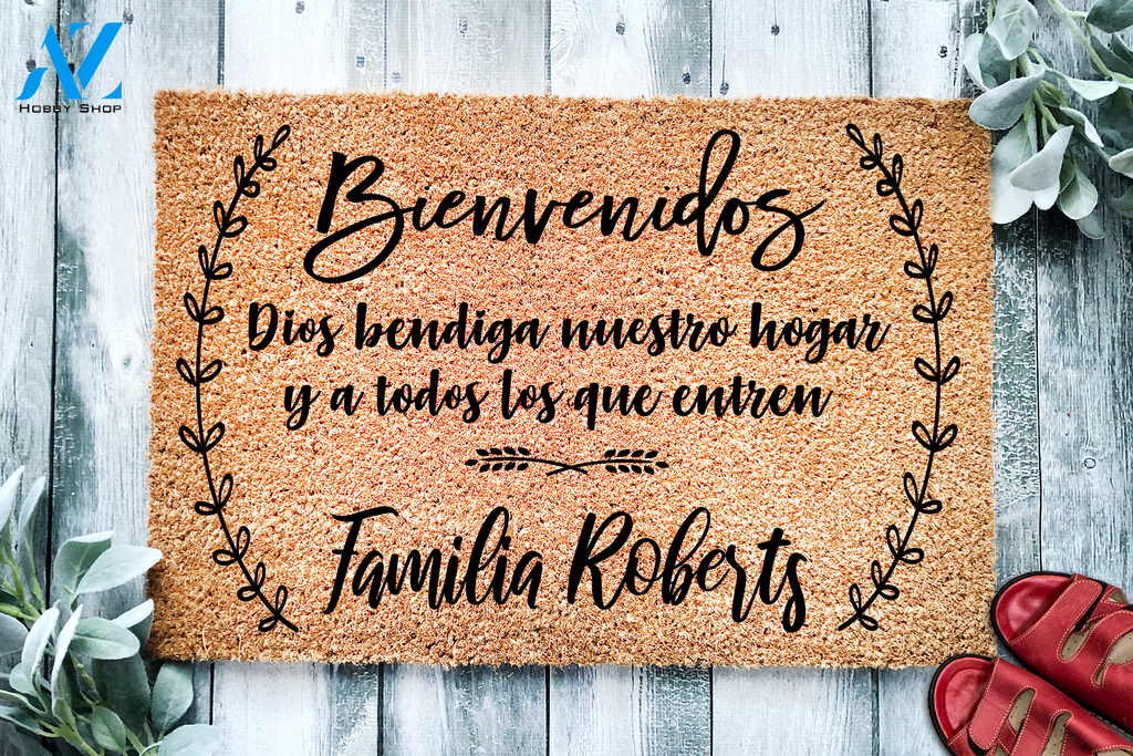 Bienvenidos May God Bless Our Home Custom Name Doormat | Welcome Mat | House Warming Gift