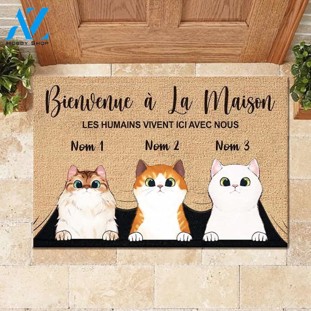 Bienvenue À La Maison French - Funny Personalized Cat Doormat (WT) 