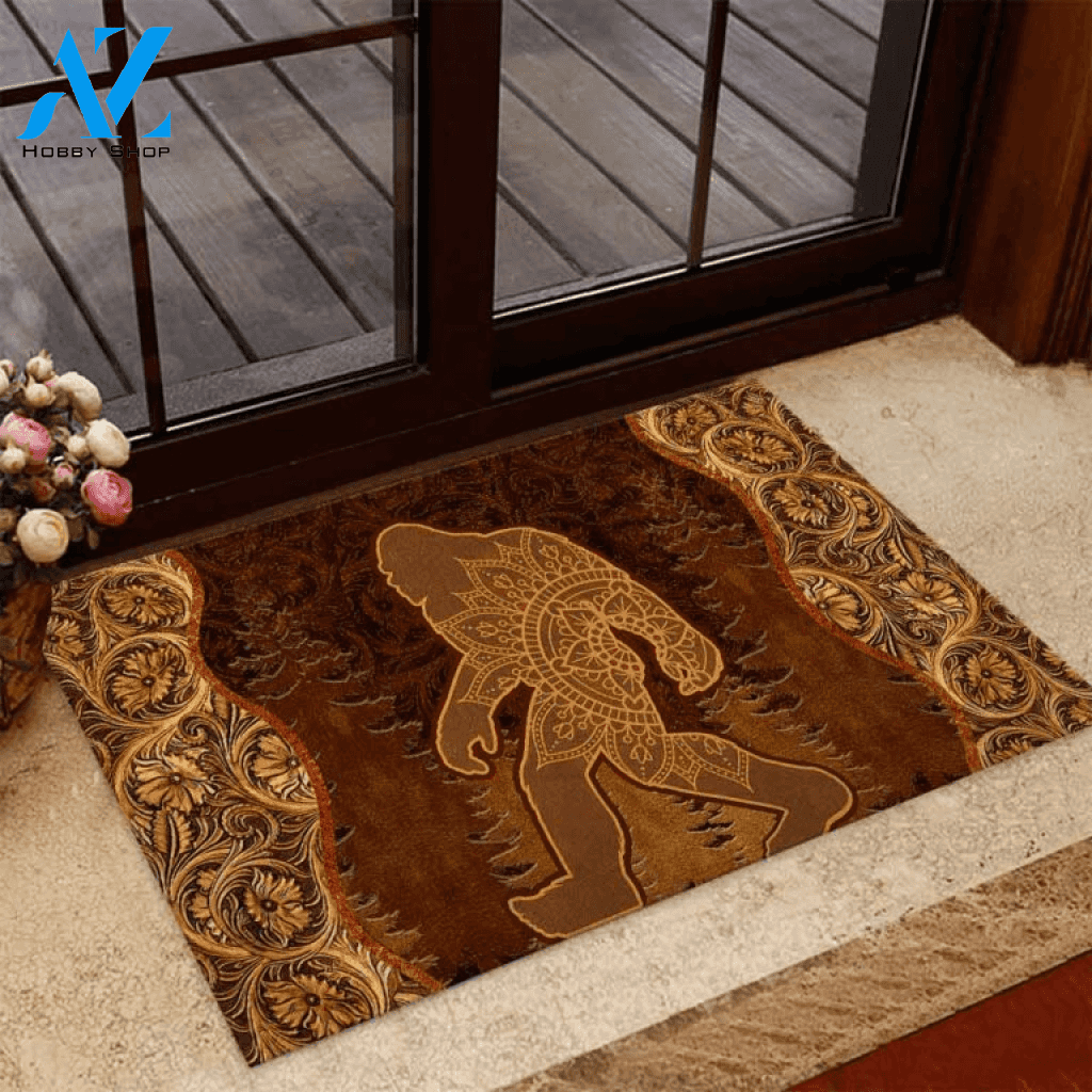 Bigfoot Walking In The Forest Flower Pattern Doormat | Welcome Mat | House Warming Gift