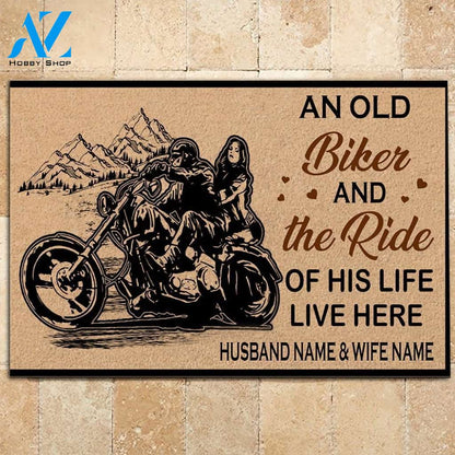 Biker Custom Doormat An Old Biker And The Ride Of His Life Live Here Personalized Gift | WELCOME MAT | HOUSE WARMING GIFT