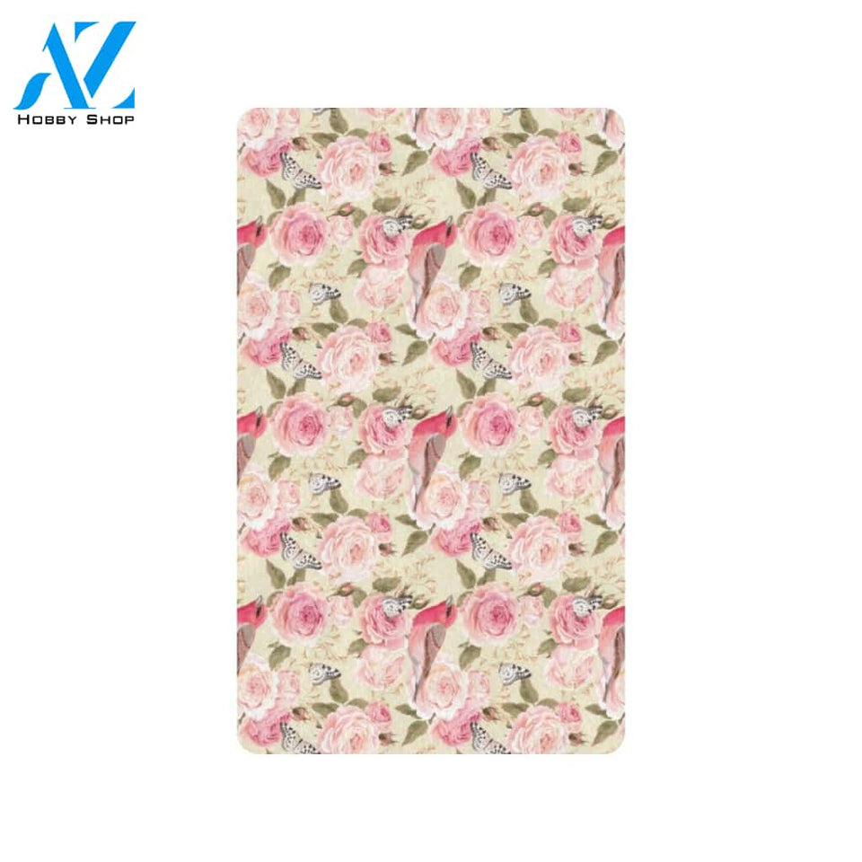 Bird Butterfly Pink Flower Print Pattern Rubber Doormat