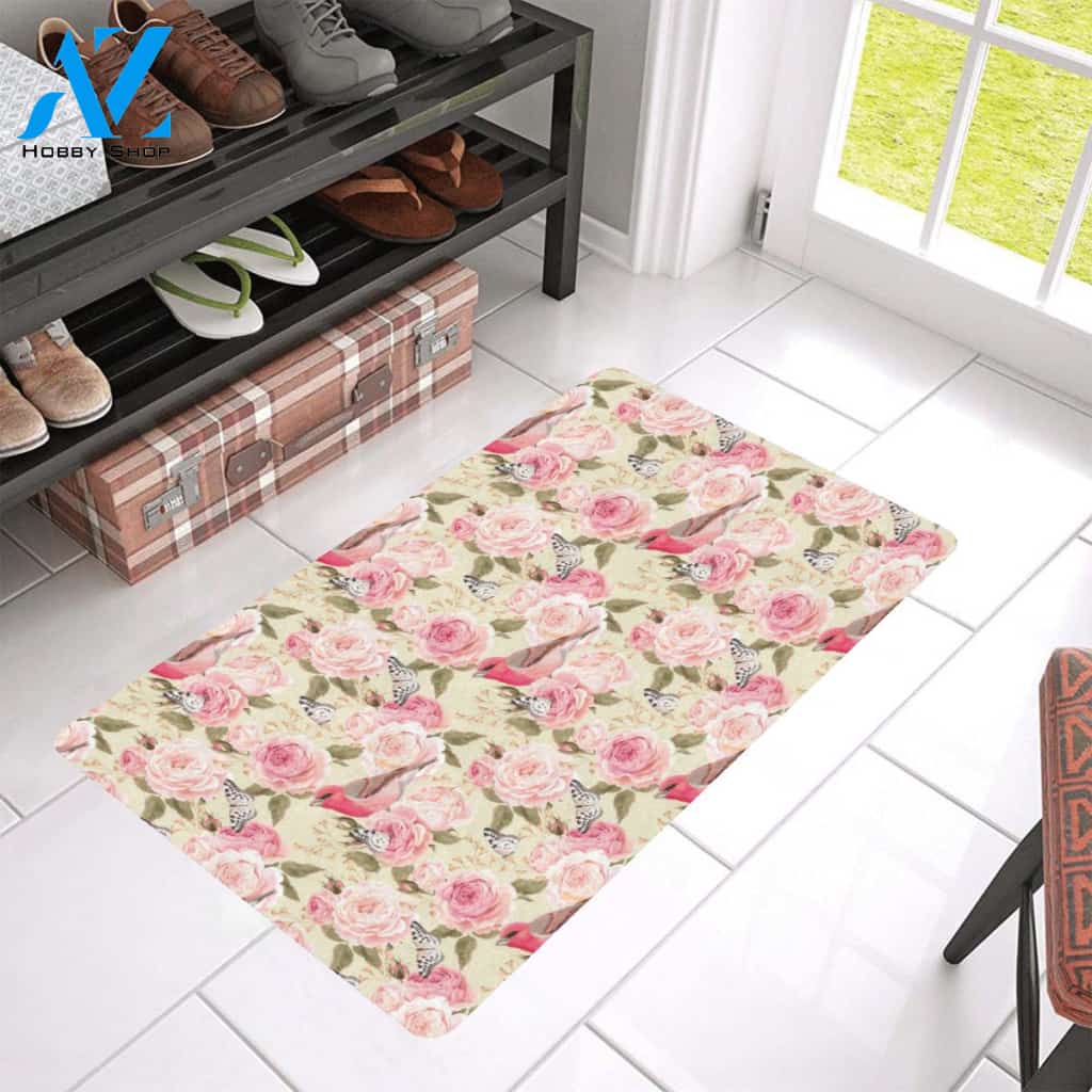 Bird Butterfly Pink Flower Print Pattern Rubber Doormat
