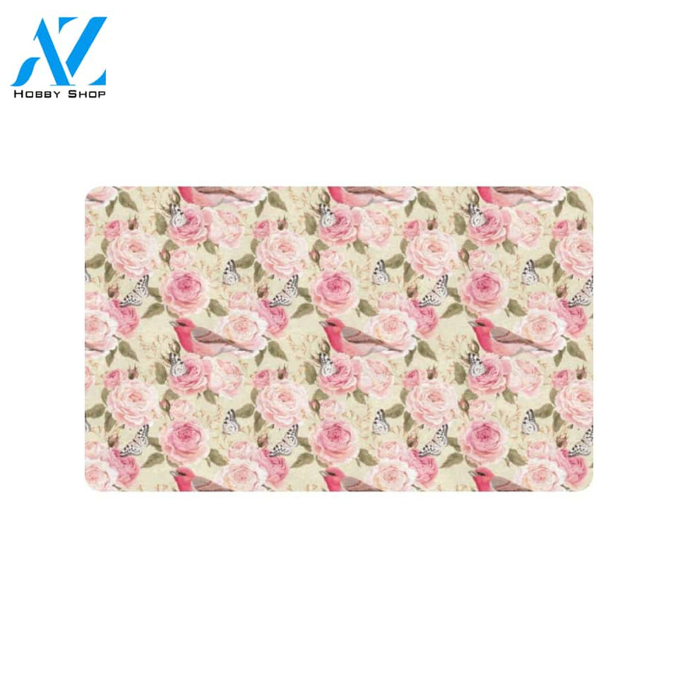 Bird Butterfly Pink Flower Print Pattern Rubber Doormat