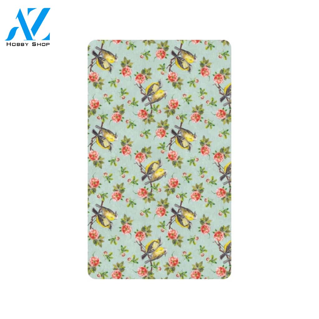 Bird with Red Flower Print Pattern Rubber Doormat