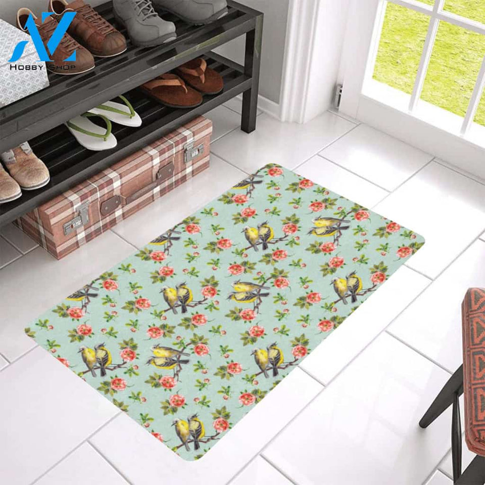 Bird with Red Flower Print Pattern Rubber Doormat