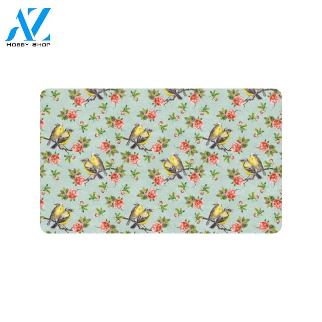 Bird with Red Flower Print Pattern Rubber Doormat