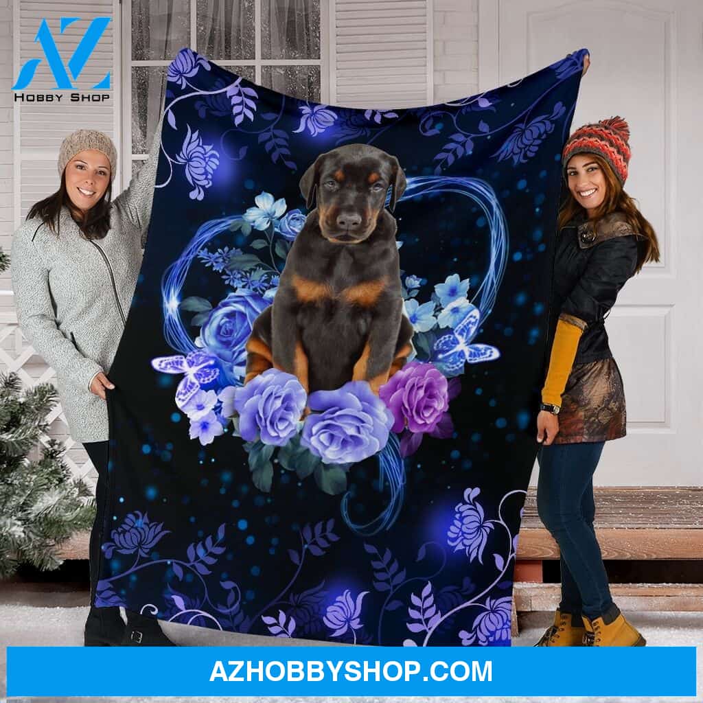 Black Doberman Premium Blanket Flower Fleece Blanket