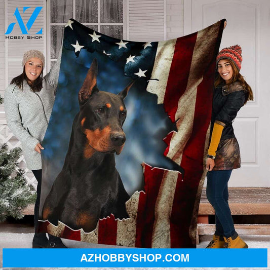 Black Doberman Premium Blanket In The Flag Fleece Blanket