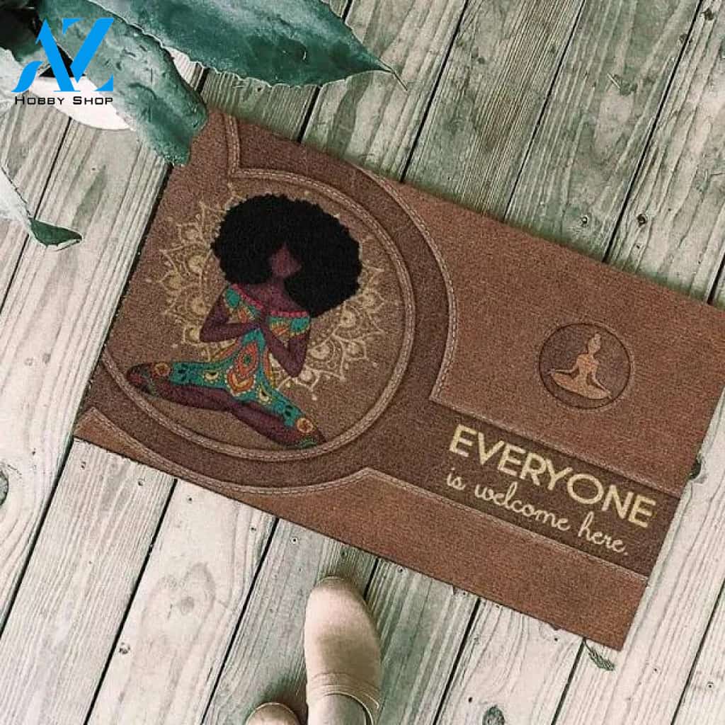 Black Girl Everyone is Welcome Here Doormat, Black Queen Yoga Room Welcome Mat, Afro Queen Black Woman Doormat