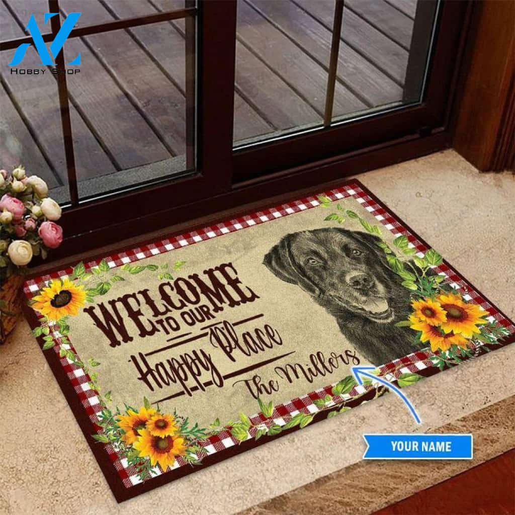Black Labrador Welcome To Our Happy Place Custom Doormat