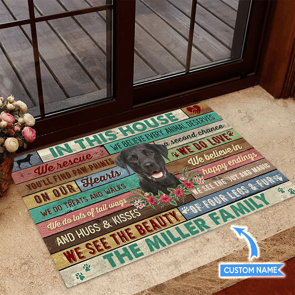 Black Labradorin This House Personalized Custom Name Doormat Welcome Mat