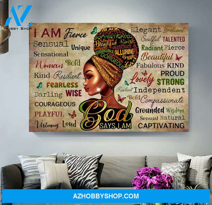 Black Queen God Says I Am Poster Print, Black Women Canvas Art, Afro Queen Wall Art, Afro Hair Clipart Wall Decor, Black Girl Magic | Wrap Canvas Ready To Hang