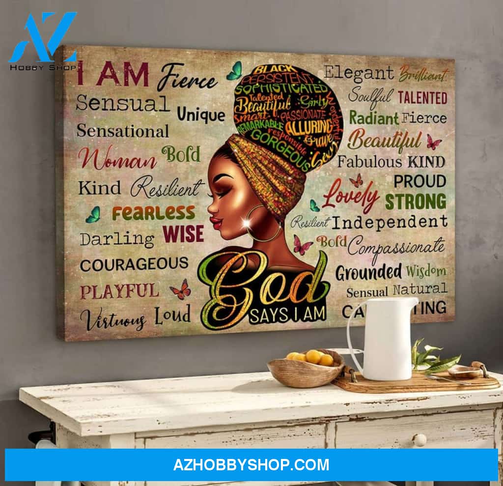 Black Queen God Says I Am Poster Print, Black Women Canvas Art, Afro Queen Wall Art, Afro Hair Clipart Wall Decor, Black Girl Magic | Wrap Canvas Ready To Hang